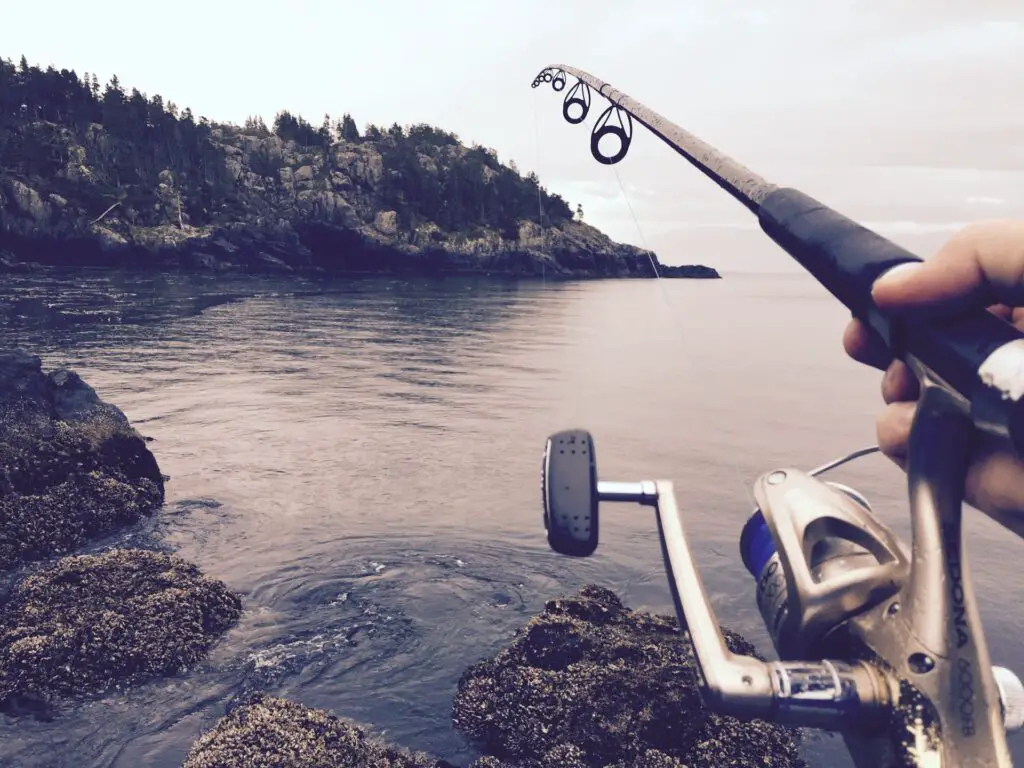 A retro image shot showing how to use a baitcaster rod