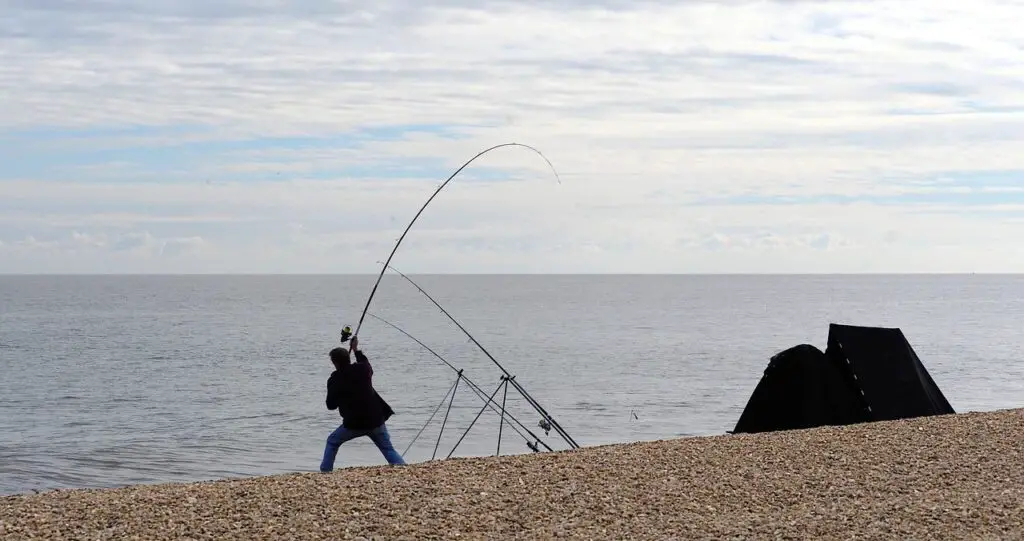 A man casting his fishing rod shows how much his rod can flex when bent without breaking