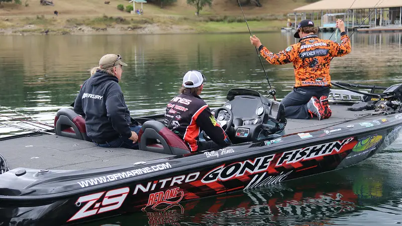 Bass boat with three men on a bass fishing competition