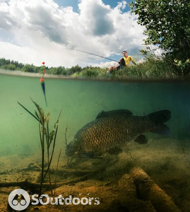 Split shot of the freshwater pond with fisherman above the surface and big carp fish grazing underwater over the bottom.