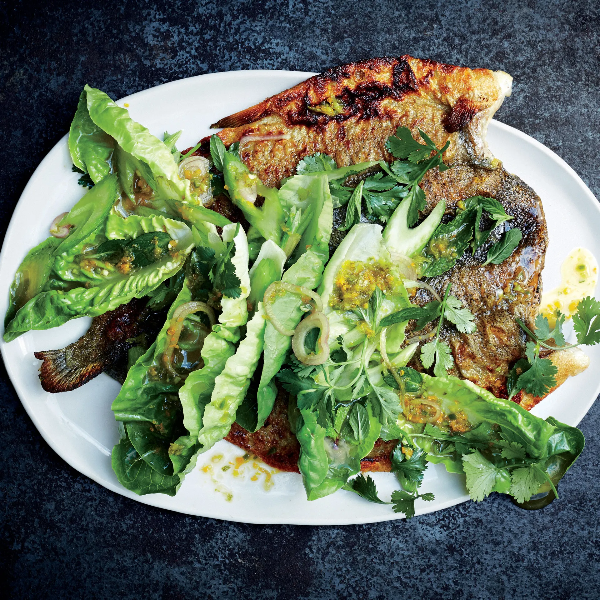 Butterflied Trout with Spicy Lettuce, Celery, and Herbs