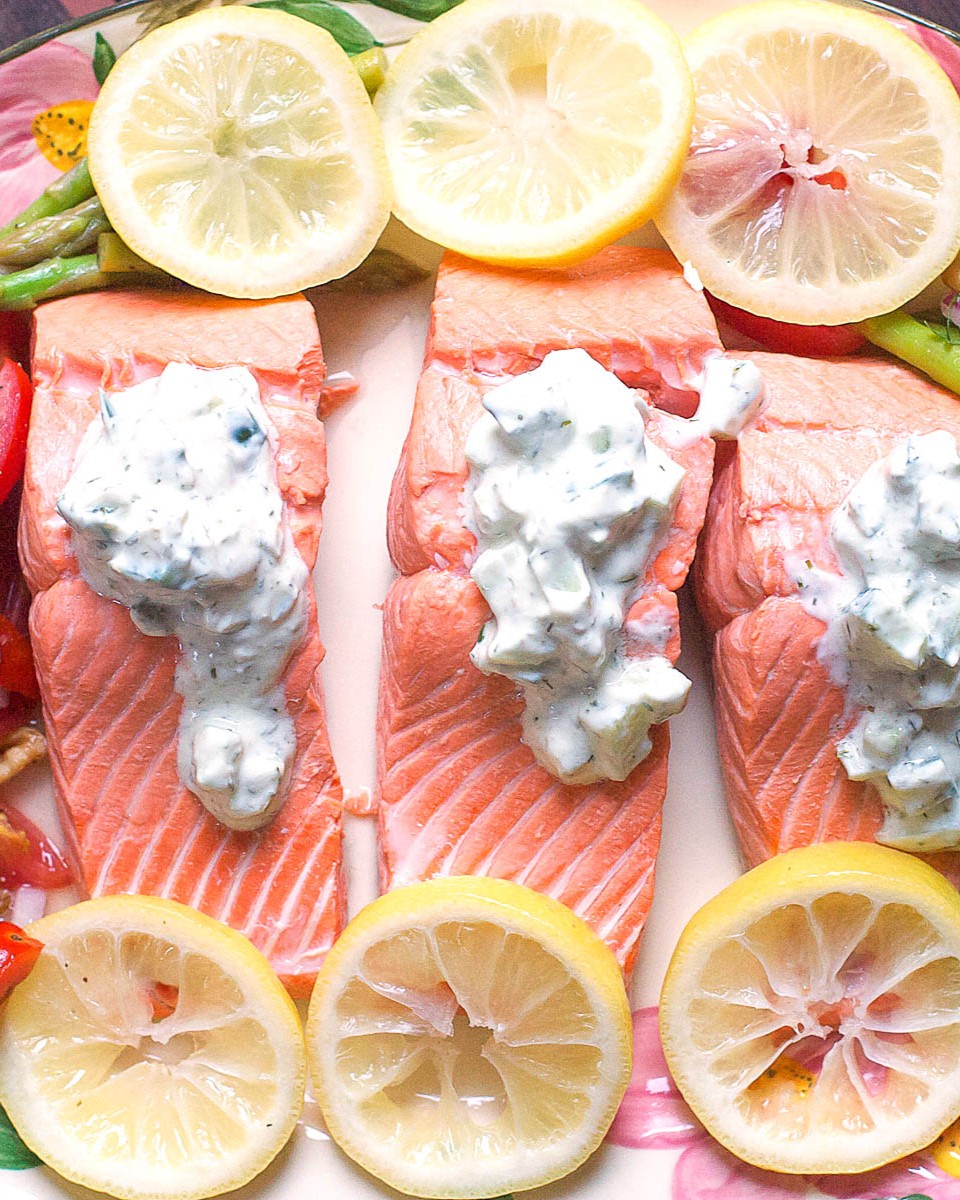 Cold Salmon Recipes - 9-Poached Salmon with Tzatziki Sauce-Poached-Salmon-Tzatziki-EatSimpleFood.com_ -v
