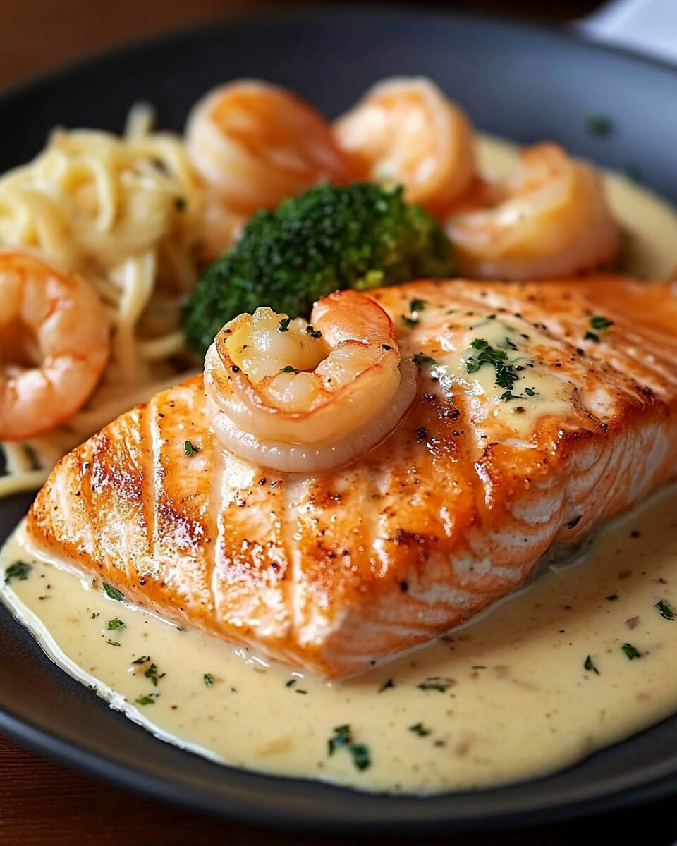 Easy Salmon And Shrimp Recipes - 9-Salmon & Shrimp with Creamy Garlic Sauce-Salmon-and-Shrimp-with-Creamy-Garlic-Sauce