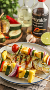 Teriyaki Pineapple Grilled Crappie Recipe With Veggie Skewer That Sizzles, Not Sticks